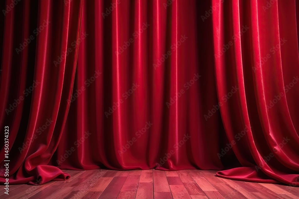 Fototapeta premium Luxurious velvet curtains, deep crimson folds , seamless, background, photography
