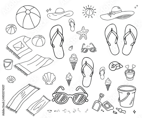 Summer beach set vector icons hand drawn collection