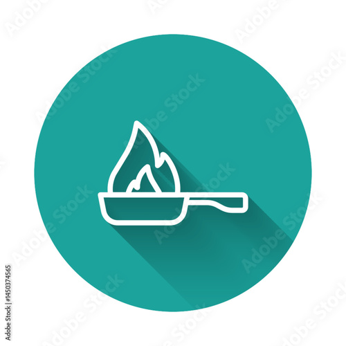 White line Frying pan icon isolated with long shadow background. Fry or roast food symbol. Green circle button. Vector
