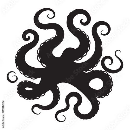 Black silhouette of octopus tentacles. Isolated sea monster drawing. Kraken sketch. Underwater animal wall art Vector Black silhouettes. with white background