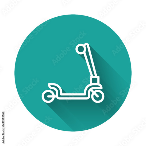 White line Roller scooter for children icon isolated with long shadow background. Kick scooter or balance bike. Green circle button. Vector