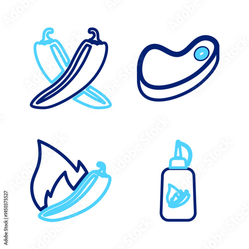 Set line Ketchup bottle, Hot chili pepper pod, Steak meat and Crossed hot icon. Vector
