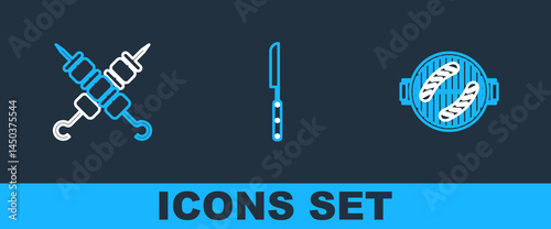 Set line Barbecue grill with sausage, Grilled shish kebab and knife icon. Vector