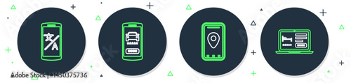 Set line Online car sharing, Infographic of city map, translator and hotel booking icon. Vector