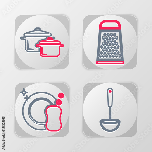 Set line Kitchen ladle, Washing dishes, Grater and Cooking pot icon. Vector