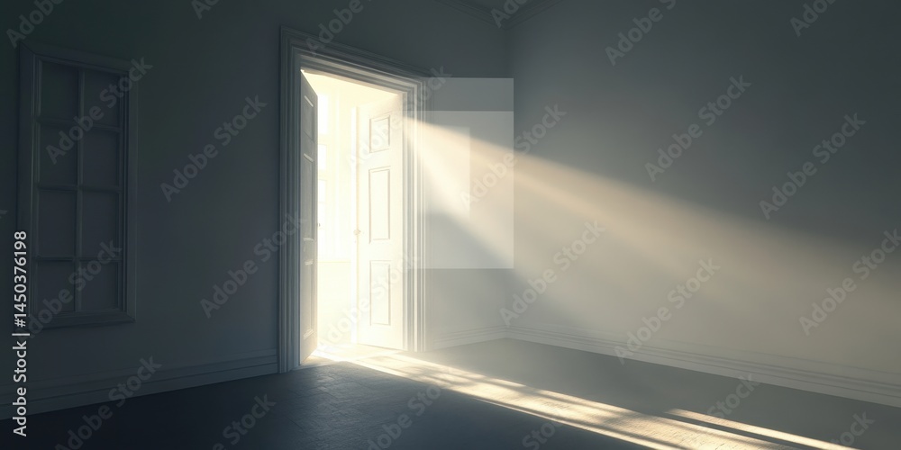 Fototapeta premium Sunlight streams through an open door, illuminating a room