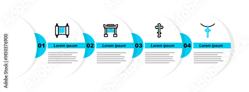 Set line Christian cross on chain, Japan Gate and Decree, paper, parchment, scroll icon. Vector