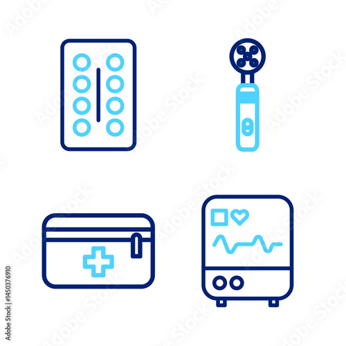 Set line Monitor with cardiogram, First aid kit, Electric toothbrush and Pills in blister pack icon. Vector