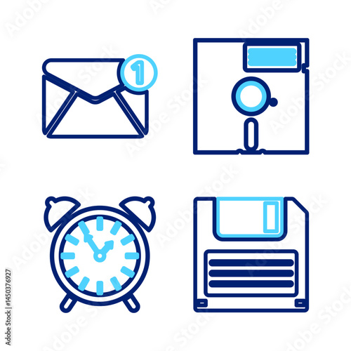 Set line Floppy disk, Alarm clock, in the 5.25-inch and New, email incoming message icon. Vector