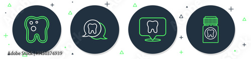 Set line Tooth, Dental clinic location, with caries and Painkiller tablet icon. Vector