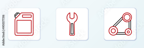 Set line Timing belt kit, Canister for gasoline and Wrench spanner icon. Vector