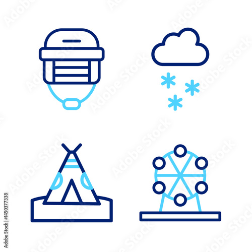 Set line Ferris wheel, Indian teepee or wigwam, Cloud with snow and Hockey helmet icon. Vector