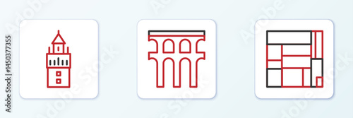 Set line House Edificio Mirador, Giralda and Aqueduct of Segovia icon. Vector