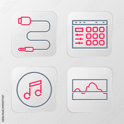 Set line Music wave equalizer, note, tone, Drum machine and Audio jack icon. Vector