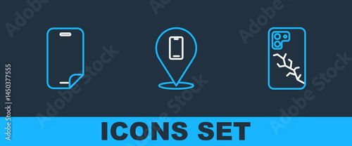 Set line Mobile with broken screen, Glass protector and Phone repair service icon. Vector