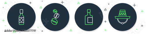 Set line Coffee beans, Tequila bottle, Tabasco sauce and Mexican sombrero icon. Vector