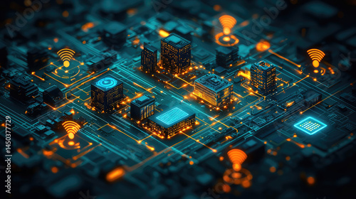Futuristic cityscape depicted as a complex circuit board, with glowing city buildings and connecting lines, suggesting a smart city concept