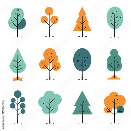A collection of various tree icons in flat style with vibrant colors, ideal for design purposes. Features diverse shapes and charming simplicity, suitable for environmental graphics and nature-themed 