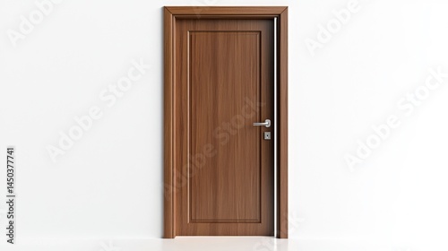 Wallpaper Mural Modern walnut door with sleek silver handle, slightly open on white background. Torontodigital.ca