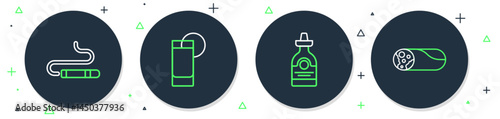 Set line Tequila glass with lemon, bottle, Cigar and Burrito icon. Vector