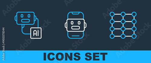 Set line Neural network, Artificial intelligence robot and Chat icon. Vector