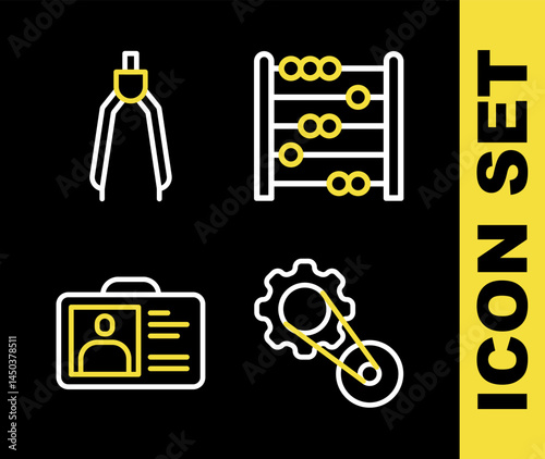 Set line Abacus, Timing belt kit, Identification badge and Drawing compass icon. Vector