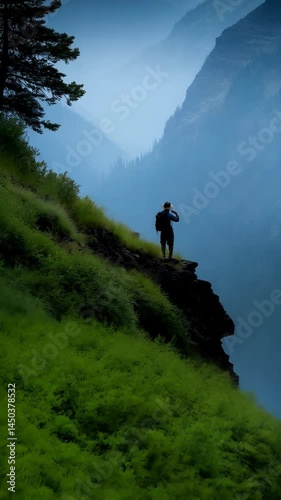 Man with backpack surveys a misty valley from a cliff edge, looking out at distant mountain ranges, green hillside, nature scene, and outdoor adventure