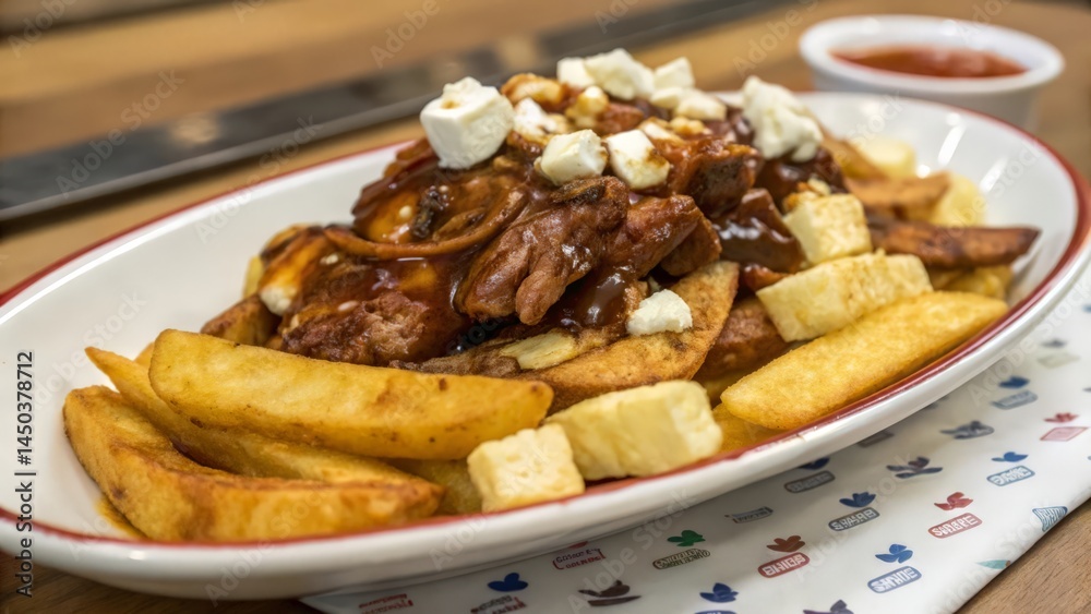 Loaded Poutine with Gravy, Chicken, Cheese Curds, and Fresh Herbs in White Bowl
Loaded Poutine with Gravy, Chicken, Cheese Curds, and Fresh Herbs in White Bowl
