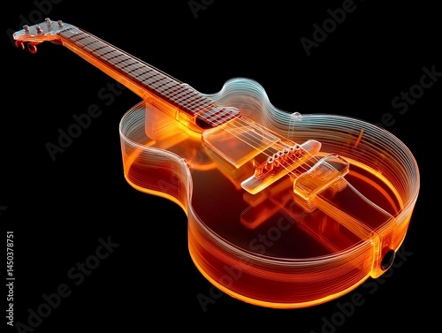 Transparent layered guitar illuminated on black backdrop