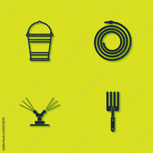 Set Bucket, Garden fork, Automatic irrigation sprinklers and hose fire hose icon. Vector