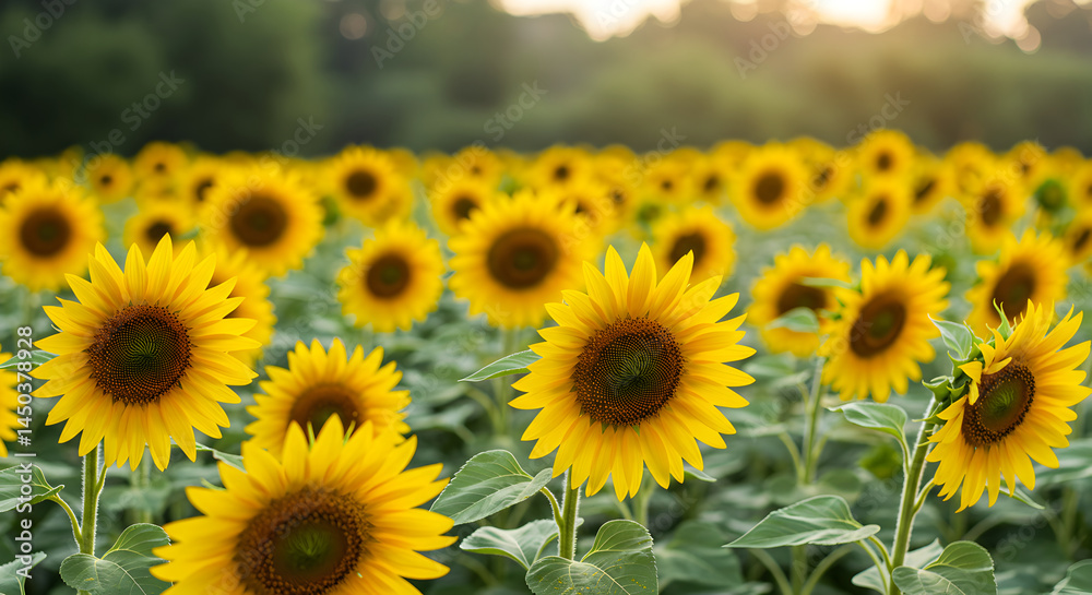 Fototapeta premium Radiant Sunflower Field Embracing Sunlight On Summer Day In Countryside