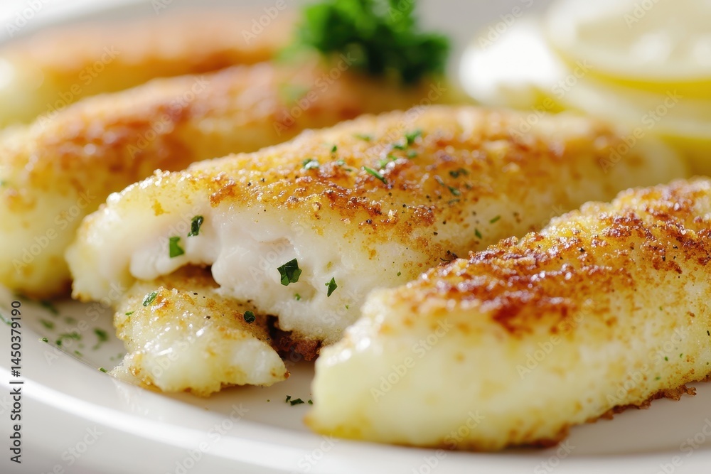Crispy golden fried fish fillets served on a white plate with lemon slices and herbs Crispy golden fried fish fillets served on a white plate with lemon slices and herbs