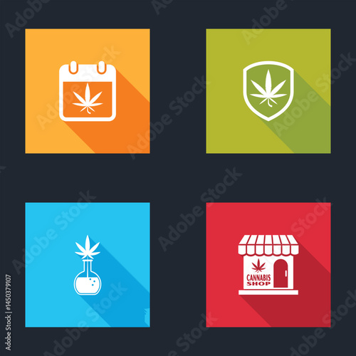 Set Calendar and marijuana, Shield, Test tube with and Marijuana cannabis store icon. Vector
