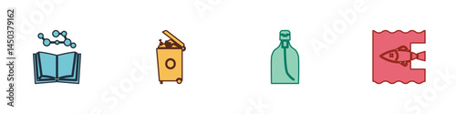 Set Open book, Trash can, Bottle of liquid soap and Stop ocean plastic pollution icon. Vector