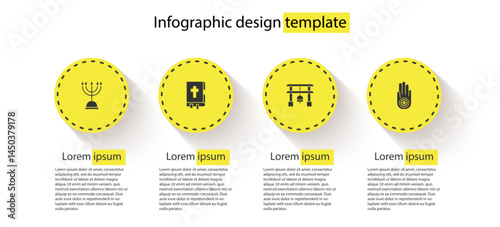 Set Hanukkah menorah, Holy bible book, Japan Gate and Jainism Jain Dharma. Business infographic template. Vector