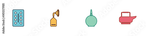 Set Pills in blister pack, Medical oxygen mask, Enema and Bedpan icon. Vector