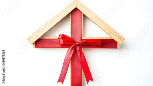 Modern wooden house wrapped with wide red ribbon in a cross shape on white background.