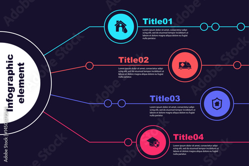 Set House flood, Emergency car, with shield and Graduation cap. Business infographic template. Vector