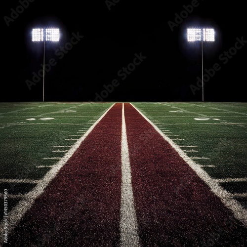 Empty football field at night, illuminated by stadium lights