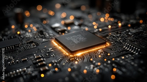 High-tech computer chip glowing on circuit board.  Detailed close-up view of intricate electronic components, highlighted by warm orange light emanating from the chip