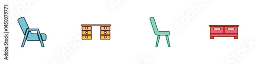 Set Armchair, Office desk, and Chest of drawers icon. Vector