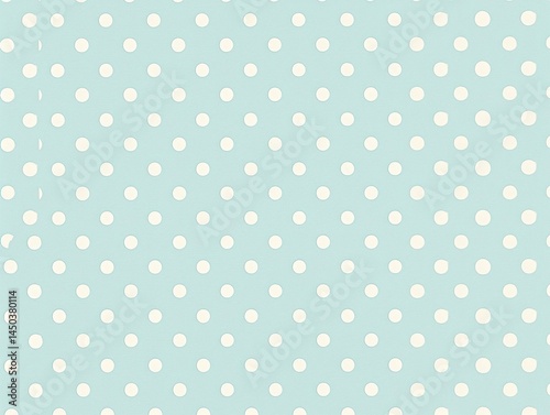 Simple seamless pattern background featuring classic white polka dots evenly spaced on a pastel light blue textured paper surface. 
