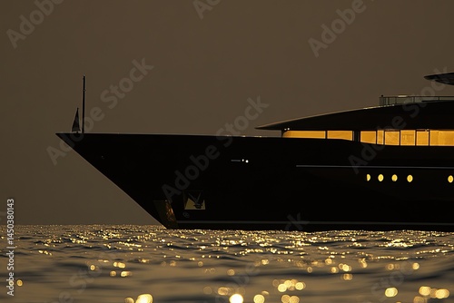 Silhouette of a luxury yacht at sunset.  Dark hull and superstructure are highlighted by golden reflections on the water