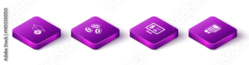 Set Isometric Graduation cap and coin, Coin money with dollar, Monitor and POS terminal credit card icon. Vector