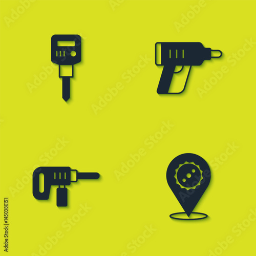 Set Construction jackhammer, Circular saw blade, Electric drill machine and cordless screwdriver icon. Vector