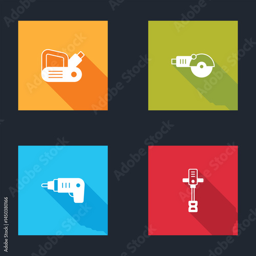Set Electric planer tool, Angle grinder, cordless screwdriver and Electrical hand concrete mixer icon. Vector