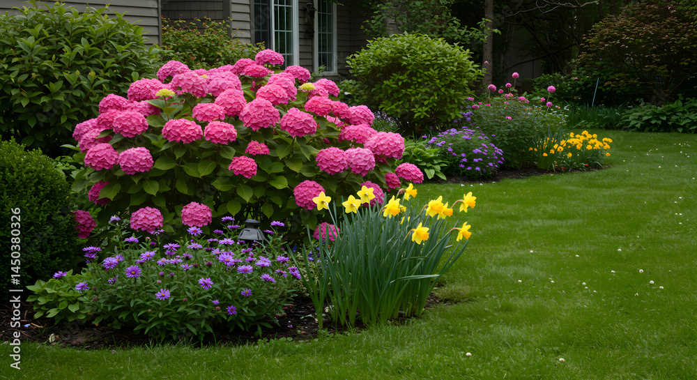 Fototapeta premium Lush Garden Display Showcasing Hydrangeas and Daffodils in Abundant Bloom