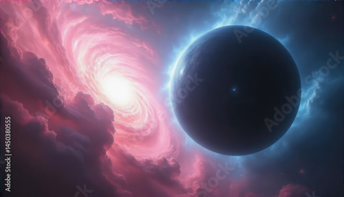 A swirling galaxy emits bright light while a dark planet hovers nearby, creating a stunning contrast against the colorful cosmic cloud formation. This enchanting celestial scene captivates the viewer