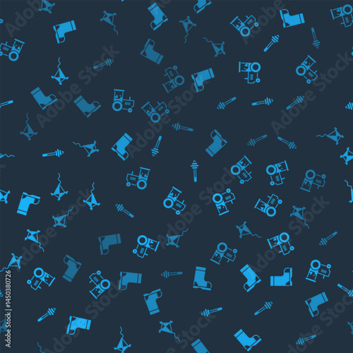 Set Waterproof rubber boot, Tractor, Honey dipper stick and Kite on seamless pattern. Vector