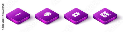 Set Isometric Knife, Cutting board, Jam jar and Cooking live streaming icon. Vector